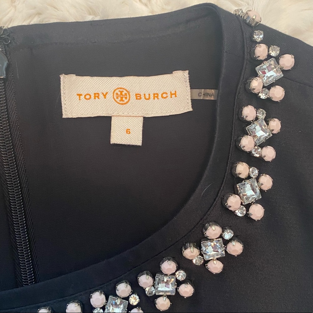 TORY BURCH SIZE 6 Black Silk Blouse with embellished Gem details on neckline